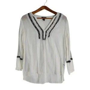 Paige White Blue Embroidered Peasant Blouse Western Country Women's Size M